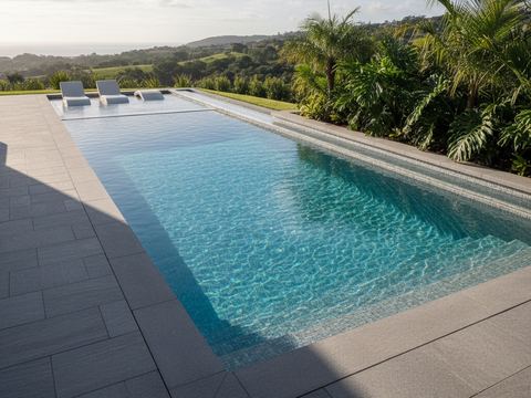 Long narrow pool with sun loungers and palm trees