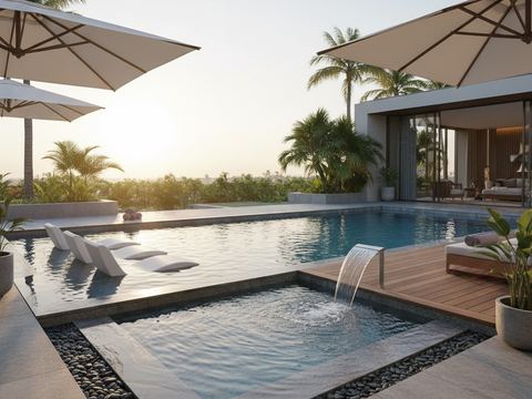 Pool with umbrellas and a shallow section with a waterfall